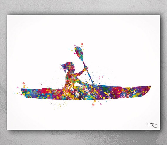 Kayak Girl Watercolor Print, Colorful Rowing Art-2441