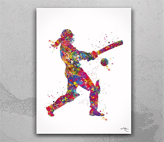 Watercolor Cricket Player Art Print, Sport Wall Decor-406