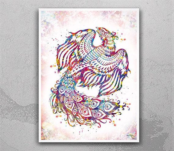 Watercolor Phoenix Bird Print, Colorful Firebird Wall Art-1435