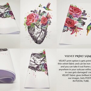 May include: White velvet print samples featuring a detailed illustration of a heart adorned with vibrant red roses, pink flowers, and a hummingbird. The text reads "VELVET PRINT SAMPLES".