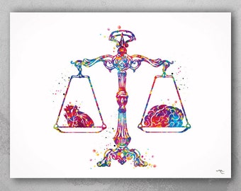 Brain and Heart Anatomy Watercolor Print, Balance Scale Medical Art-984