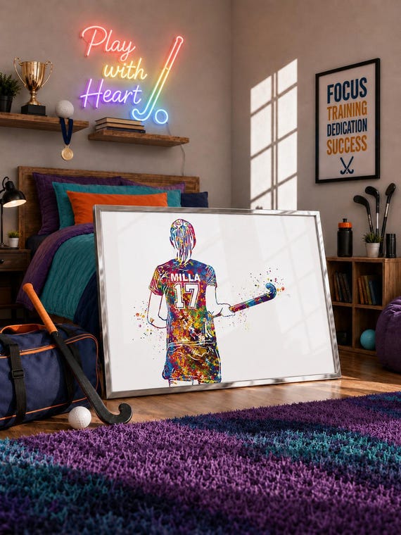 Personalized Field Hockey Player Watercolor Print, Teen Girl Room Decor-2387