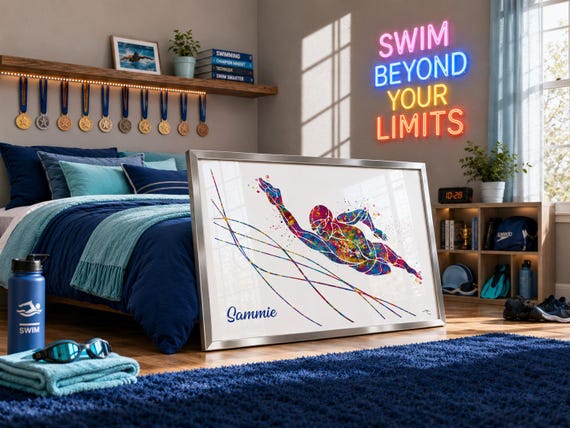 Personalized Swimmer Watercolor Art Print, Sport Wall Decor-2765