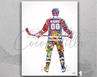 Hockey Player Male Man Boy Personalized Watercolor Print Ice Hockey Sports Boy Teen Room Decor Personalized Gift Customize Wall Art -2817