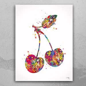 Impresión de acuarela de cereza, decoración de cocina, decoración de frutas para el hogar, decoración de cereza roja, arte de pared de cocina, arte de pared de comedor, arte de frutas, pintura de cereza - 945