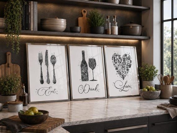 Eat Drink Love Kitchen Prints, Gray Watercolor Art (Set of 3)-2098