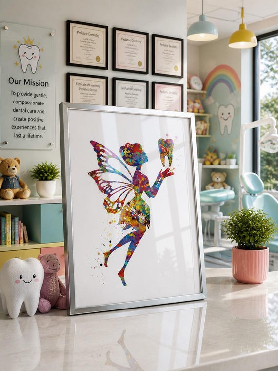 Tooth Fairy Watercolor Art Print, Dental Clinic Decor-720