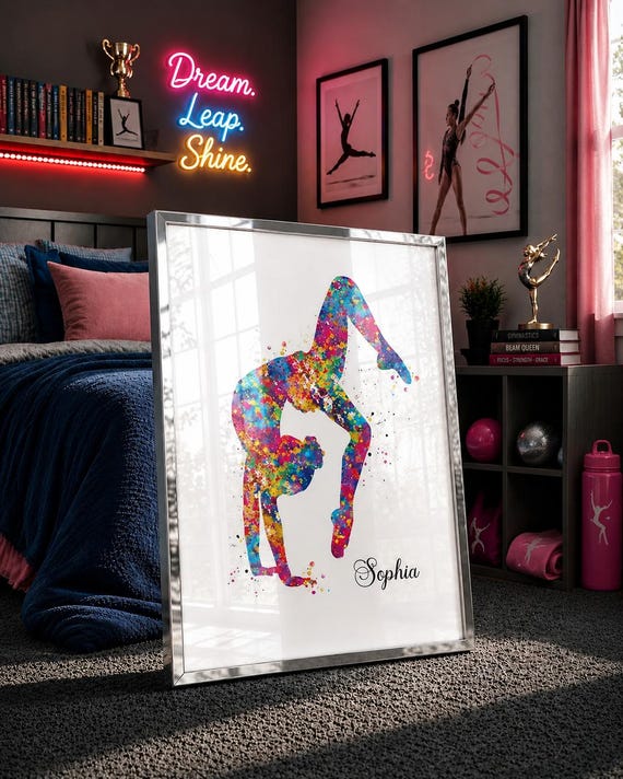 Personalized Gymnastics Girl Watercolor Print, Teen Room Art-2647