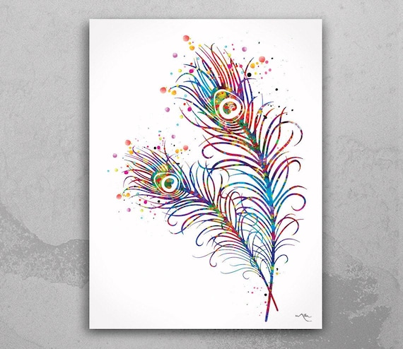 Peacock Feather Watercolor Print, Colorful Bird Home Decor-1003