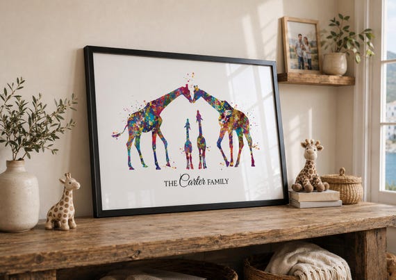 Giraffe Family Watercolor Print, Personalized Family Wall Art-1577