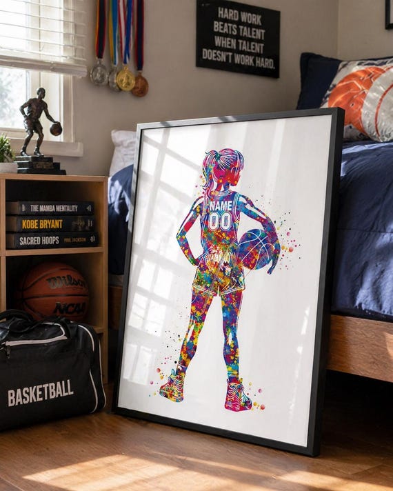 Personalized Basketball Player Watercolor Print, Teen Girl Room Decor-2845