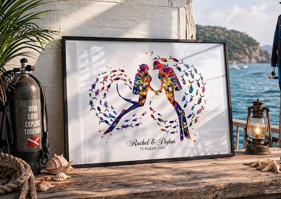Scuba Diving Couple Watercolor Print: Personalized Wedding Gift Wall Art-2596