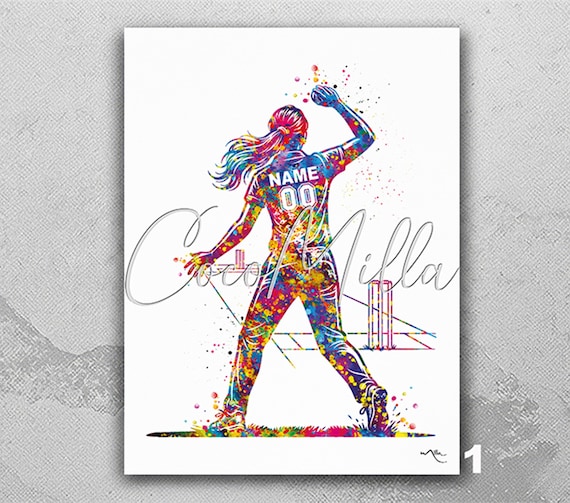 Personalized Cricket Bowler Girl Watercolor Print | Sports Poster-3041