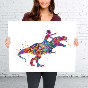 Dinosaur Rider Girl Watercolor Print Little Girl and T-Rex Art Gift Birthday Party Girls Room Decor Wall Art Nursery Decor Wall Hanging-2263 image 2