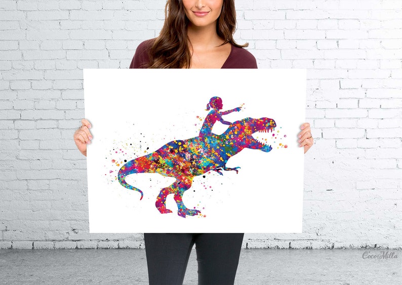 Dinosaur Rider Girl Watercolor Print Little Girl and T-Rex Art Gift Birthday Party Girls Room Decor Wall Art Nursery Decor Wall Hanging-2263 image 2