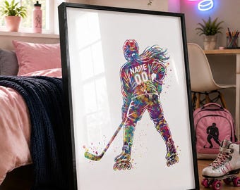 Personalized Roller Hockey Female Watercolor Print, Girls Room Decor-3066