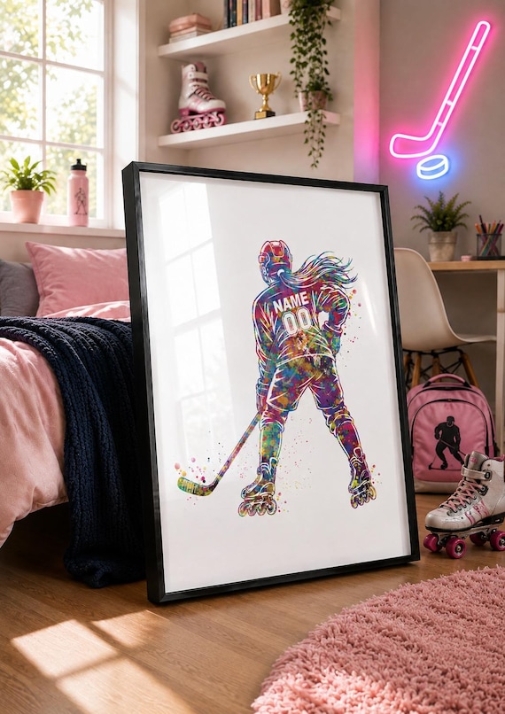 Personalized Roller Hockey Female Watercolor Print, Girls Room Decor-3066