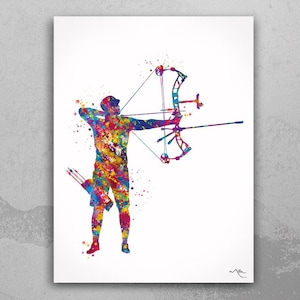Archer Man Watercolor Print Archery Male Father's Gift Compound Bow Arrow Bowhunting Wall Art Boy Sports Wall Hanging Anniversary Gift-1830
