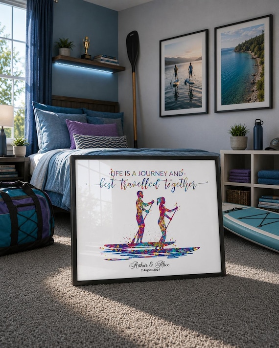 Paddle Board Couple Watercolor Print, Sports Wall Art-2747