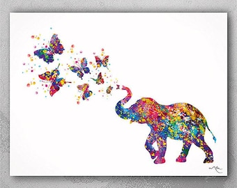 Elephant Blowing Butterflies Art Print, Watercolor Nursery Wall Decor-281