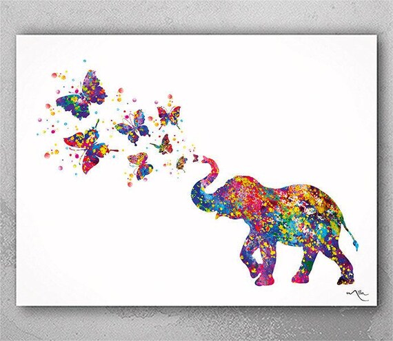 Elephant Blowing Butterflies Art Print, Watercolor Nursery Wall Decor-281