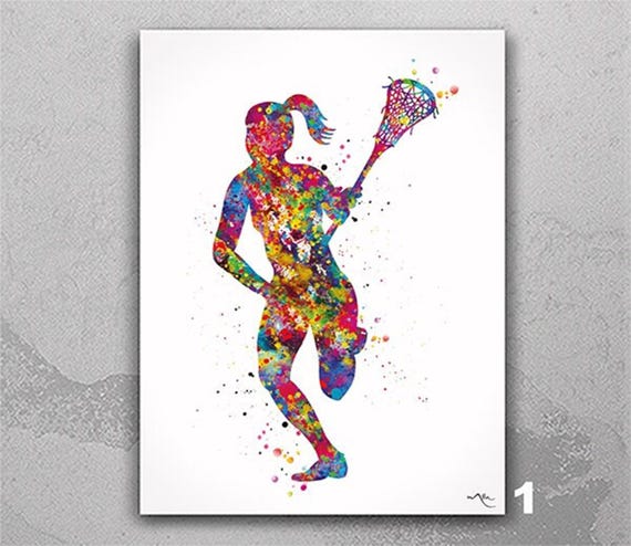 Lacrosse Girl Watercolor Print, Colorful Sports Wall Art-1747