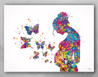 Pregnant Woman Butterflies Watercolor Print Pregnancy Gift Butterfly Obstetrician Nursing Baby Shower New Mum Art Clinic Midwife Gift-1215