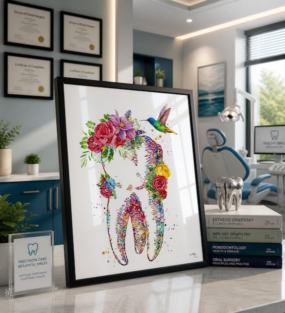 Floral Tooth Watercolor Print, Dentistry Office Decor-1327