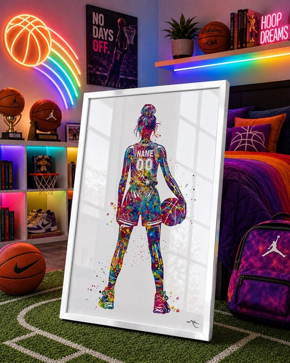 Personalized Basketball Player Watercolor Print, Teen Girl Room Decor-2844