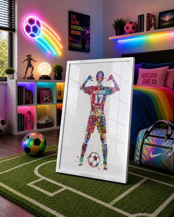 Personalized Soccer Girl Watercolor Print, Colorful Football Art-2753