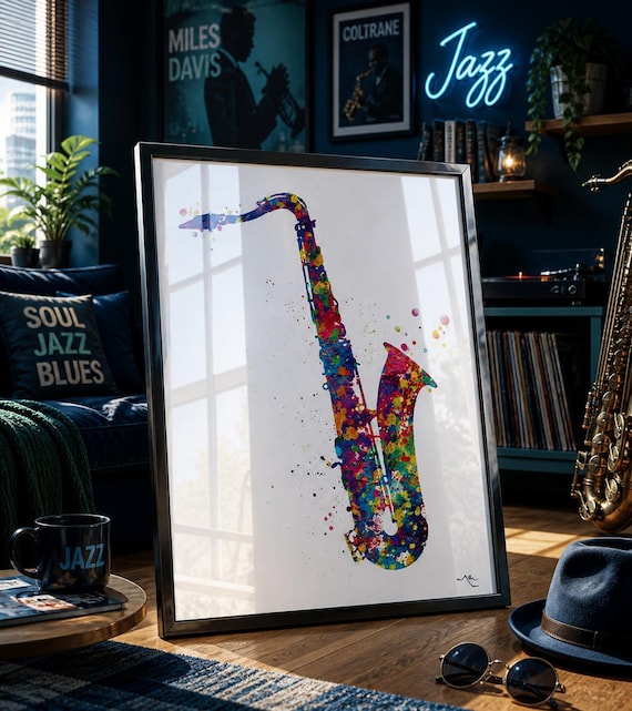 Watercolor Saxophone Print, Colorful Music Wall Art-1132
