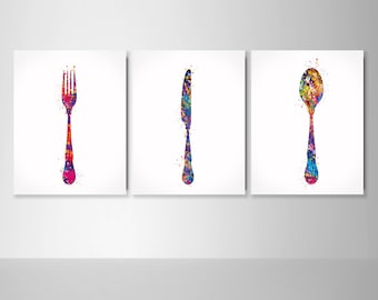 Kitchen Art Watercolor Print Fork Spoon Knife Set of 3 Kitchen Wall Art Housewarming Gift Dining Room Wall Decor Restaurant Decor-2096