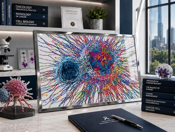 Cancer Cell & T-Cell Watercolor Print, Medical Oncology Art-2679