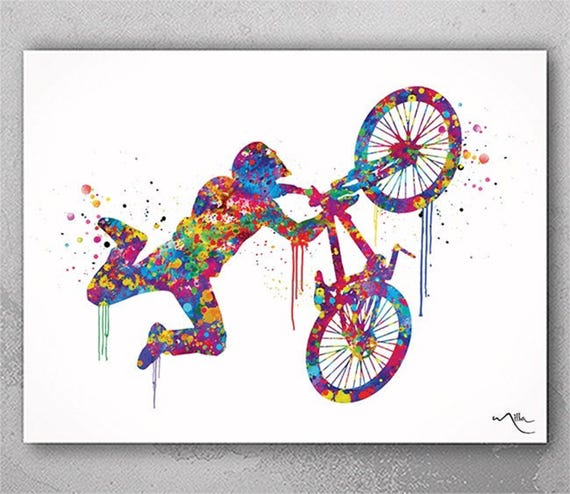 Dirt Bike Watercolor Print: Stunt Biker Extreme Sports Poster-1177