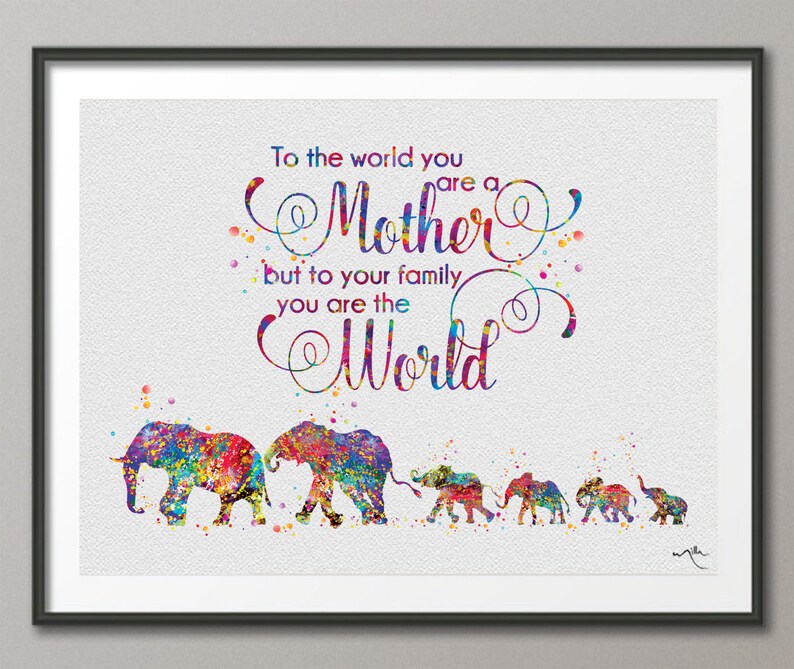 Elephants Mom Dad and 4 Baby Family MOM Quote Watercolor Print | Etsy