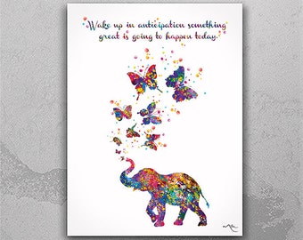 Elephant & Butterfly Watercolor Print, Inspirational Quote Wall Art-379