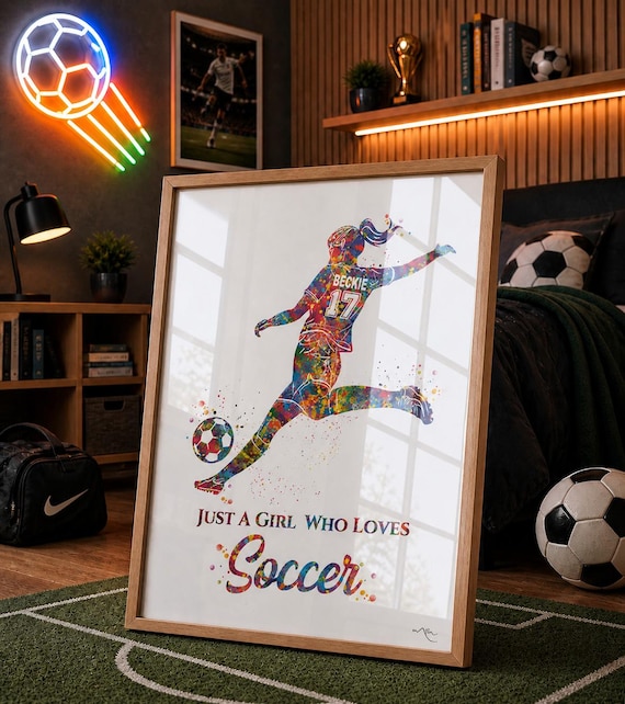 Personalized Soccer Girl Watercolor Print, Custom Name Art-2655
