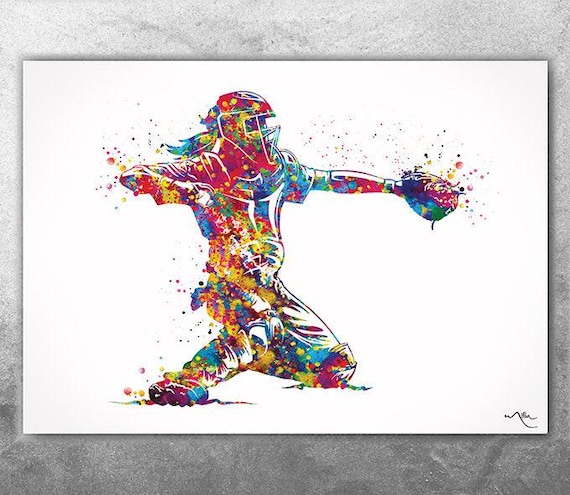 Watercolor Baseball Catcher Art Print, Teen Girl Sports Decor-2763