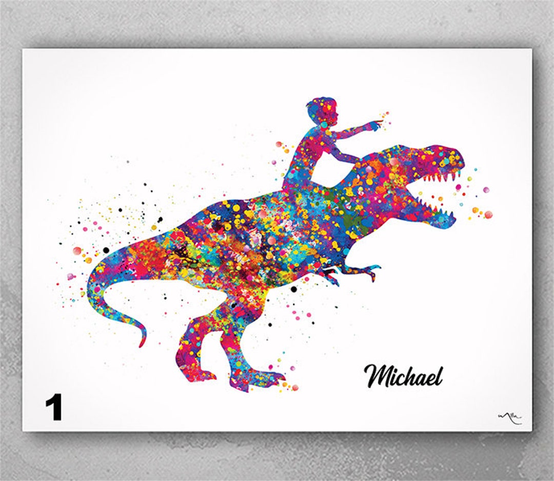 Dinosaur Rider Boy Watercolor Print Little Boy and T-rex Art - Etsy