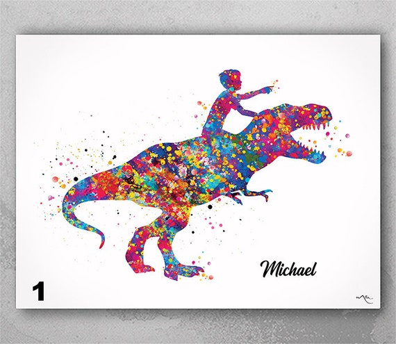 Dinosaur Rider Watercolor Print, T-Rex Art for Boys Room-985