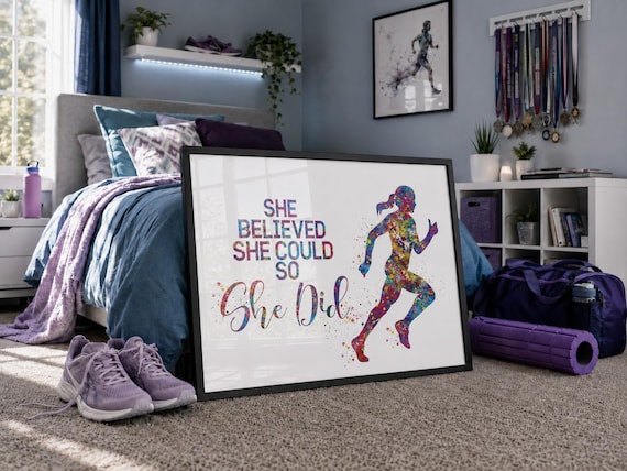 Runner Watercolor Print, She Believed She Could, Marathon Motivation-2171