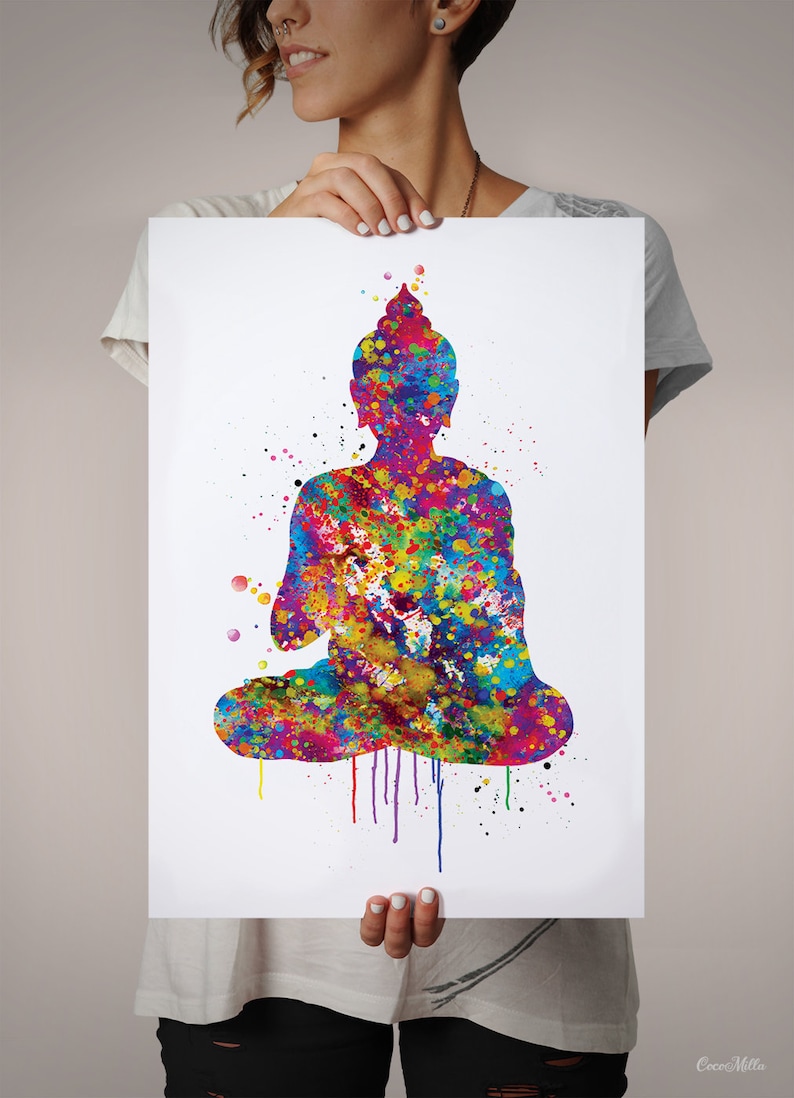 May include: A colorful watercolor print of a seated Buddha figure. The artwork features a vibrant mix of colors, including blue, yellow, red, and green, creating a visually striking and spiritual piece. The image is on a white background.