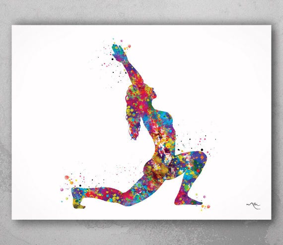 Warrior Pose Yoga Print, Virabhadrasana I, Watercolor Art-2001