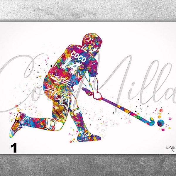 Feldhockeyspieler, männlicher Junge, personalisierter Aquarelldruck, Sportjunge, Teenager-Raumdekoration, personalisiertes Geschenk, individuelle Hockey-Wandkunst-2395