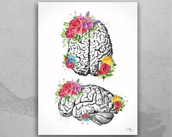 Brain Floral Watercolor Print: Neurology Art, Doctor Gift-1352