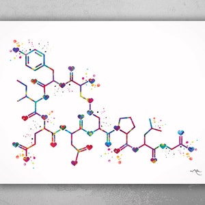 Oxytocin LOVE Molecule Heart Watercolor Print Medical Art Love Molecule Symbol Wall Art Nerd Art Science Art Biology Chemistry Science-1531