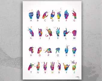 Sign Language Alphabet Watercolor Print American Sign Language Hand Signing Deaf ASL Fingerspelling Poster Manual Alphabet Medical Art-1338