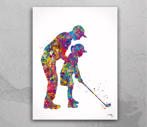 Father & Daughter Golf Watercolor Print, Sports Painting Gift-2374