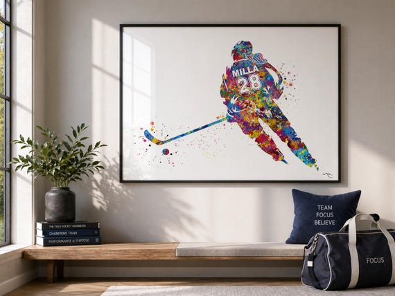 Personalized Hockey Girl Watercolor Print, Sports Room Decor-2593