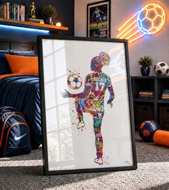 Personalized Soccer Girl Watercolor Print: Black Female Football Art-2553